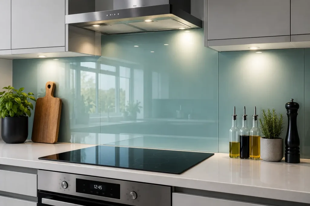 Made to measure glass splashback installed behind a cooker in a modern kitchen by Kitchen Studio in Sunderland.