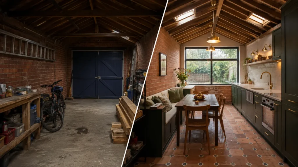 Before and after of a brick garage converted into a kitchen diner with dark green cabinets, exposed brickwork, roof lights and built-in bench seating