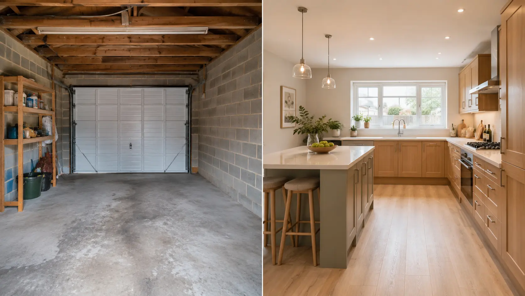 Before and after of a garage converted into a kitchen with oak shaker cabinets, a painted island with breakfast stools and a window above the sink