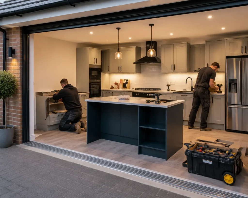 Kitchen installers fitting grey shaker cabinets and a navy island inside a garage conversion with the door open