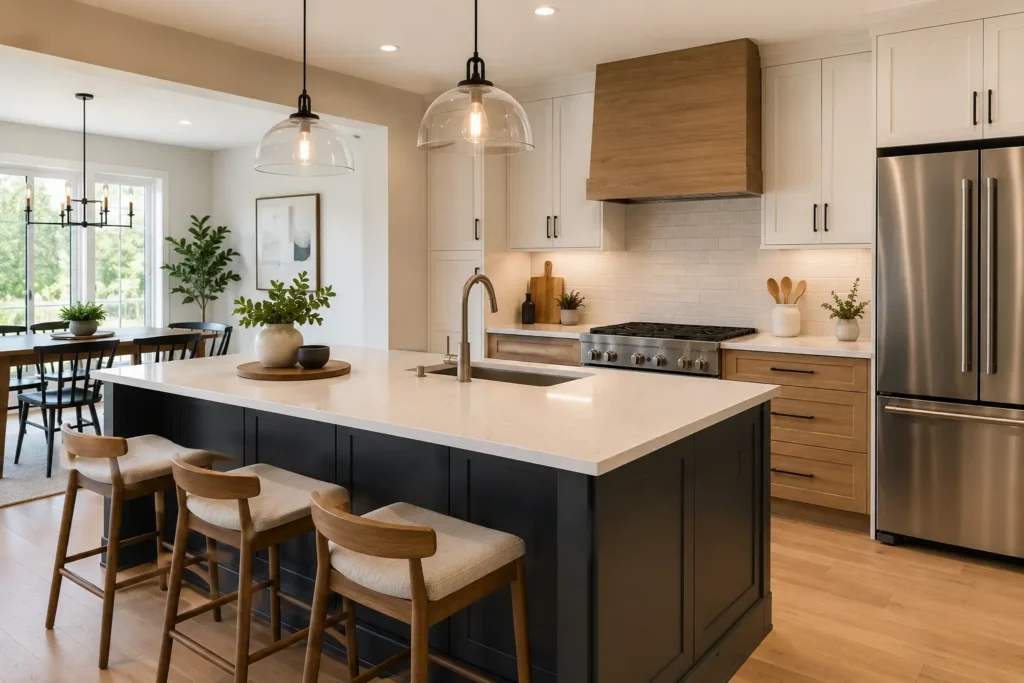 Modern kitchen layout with island, worktops, cabinets, sink and integrated appliances